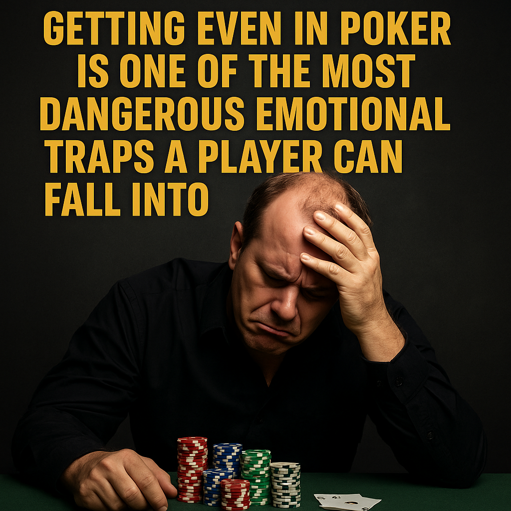 A frustrated poker player leans forward at a dimly lit casino table, staring at a losing hand as scattered chips symbolize emotional turmoil. The faint reflection in the table mirrors his desperation to get even, capturing the psychological trap of chasing losses in poker.