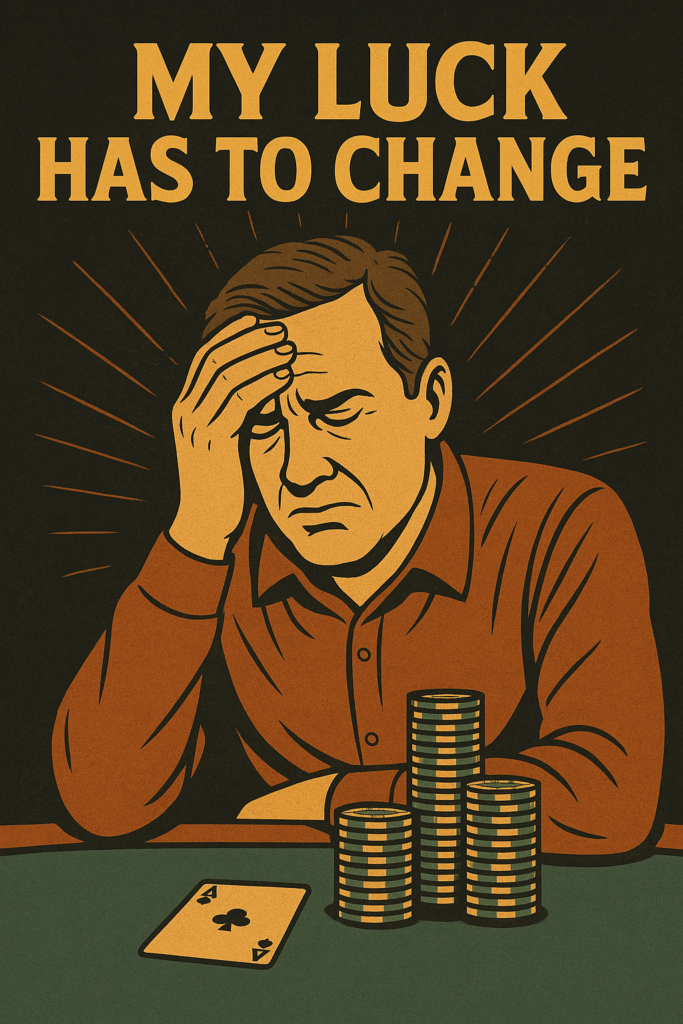 A frustrated poker player sits at a dimly lit casino table, staring at cards and scattered chips with tension and hope. Neon reflections and dramatic lighting emphasize the phrase “My luck has to change,” symbolizing emotional desperation and the illusion of control in poker.
