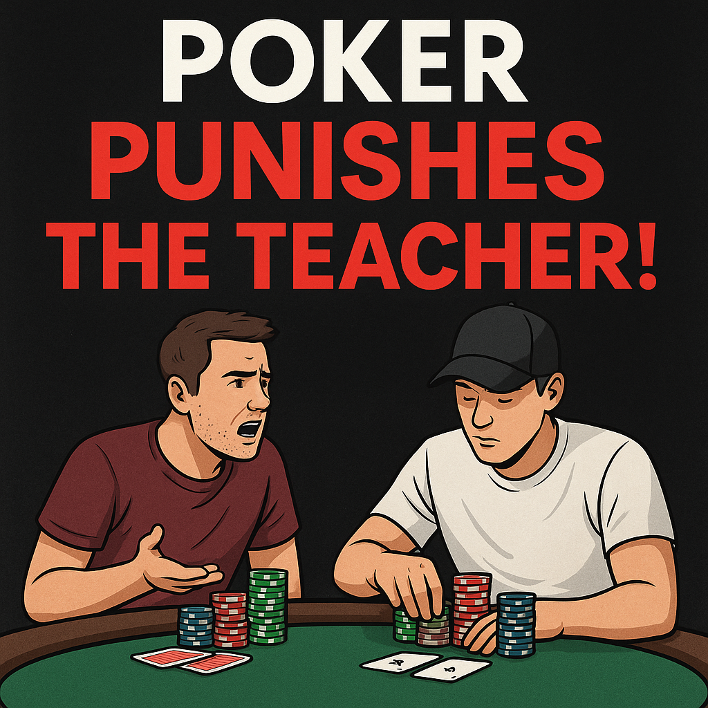 A poker player animatedly lectures others at the table while his chip stack shrinks, contrasted with a quiet opponent calmly stacking chips. The image visually represents the phrase “Poker Punishes The Teacher,” emphasizing how talking or showing off knowledge leads to losses in poker strategy and emotional control. He should not be educating the opposition.