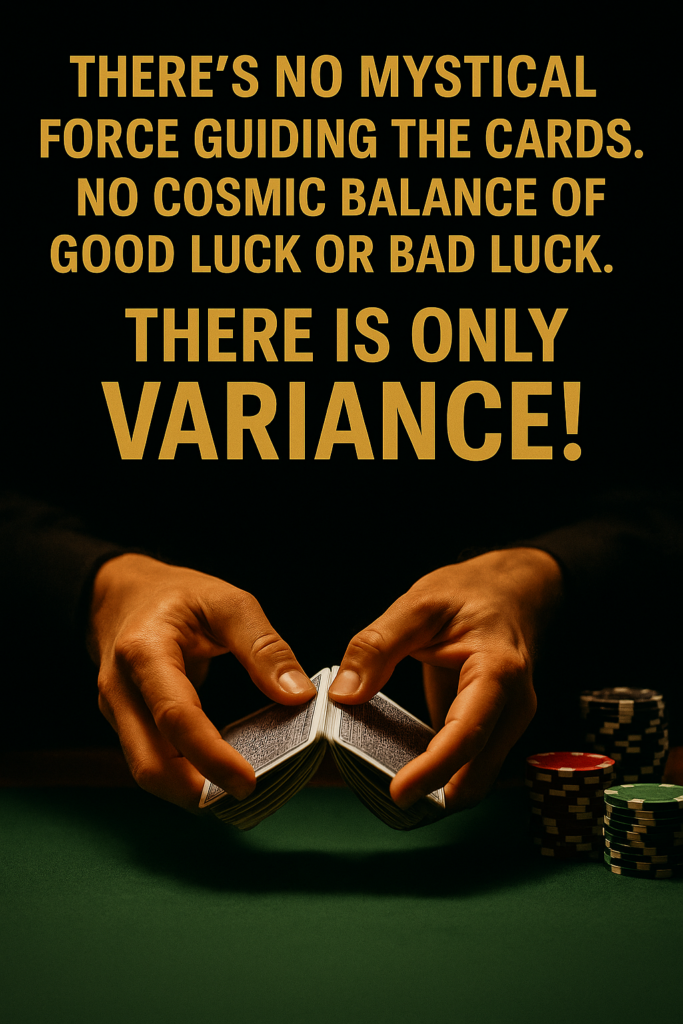 A cinematic digital illustration of poker cards and chips suspended in midair over a dark table, illuminated by golden light. Cosmic elements and faint mathematical symbols blend in the background, representing the concept of probability and randomness in poker. Bold gold text reads, “There’s no mystical force — only variance,” symbolizing the PokerRailbird philosophy that outcomes are driven by math and variance, not luck.