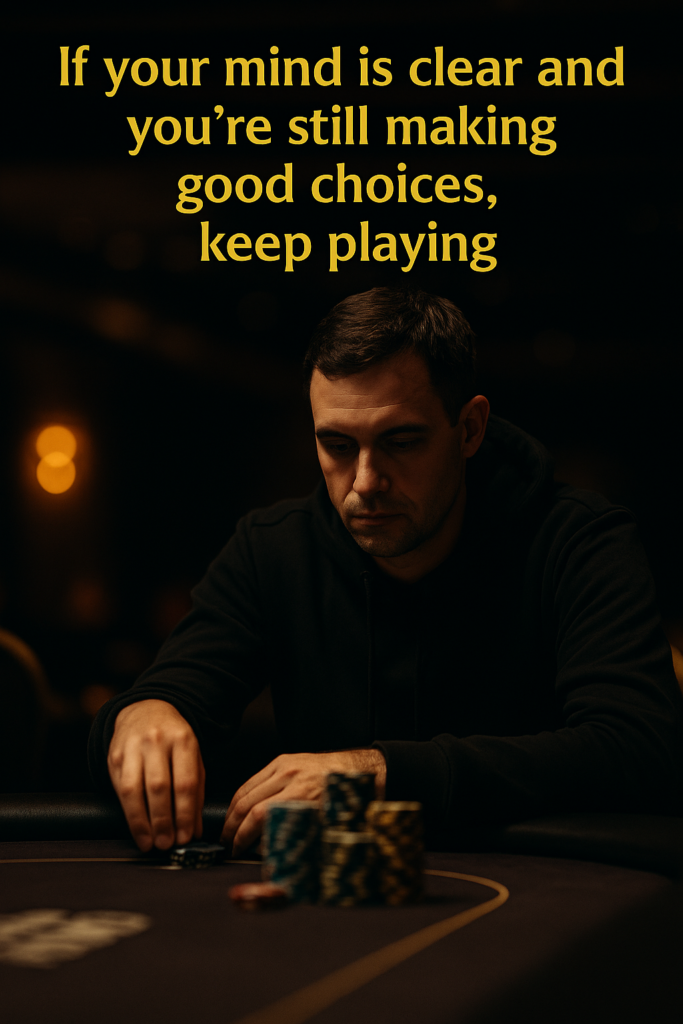 A cinematic photograph of a calm, focused poker player under a soft spotlight at a casino table, with neatly stacked chips and blurred foreground cards. The golden overlay text reads: “If your mind is clear and you’re still making good choices, keep playing.” This image symbolizes emotional control, clarity, and disciplined decision-making in poker.
