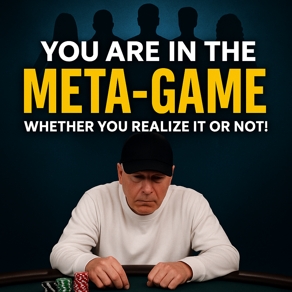 A poker player sits at the table with chips in front of him while shadowy opponents stand behind him, symbolizing the unseen forces of the poker meta-game. Bold text reads “You Are in the Meta-Game Whether You Realize It or Not,” highlighting the psychological layer of live poker strategy.