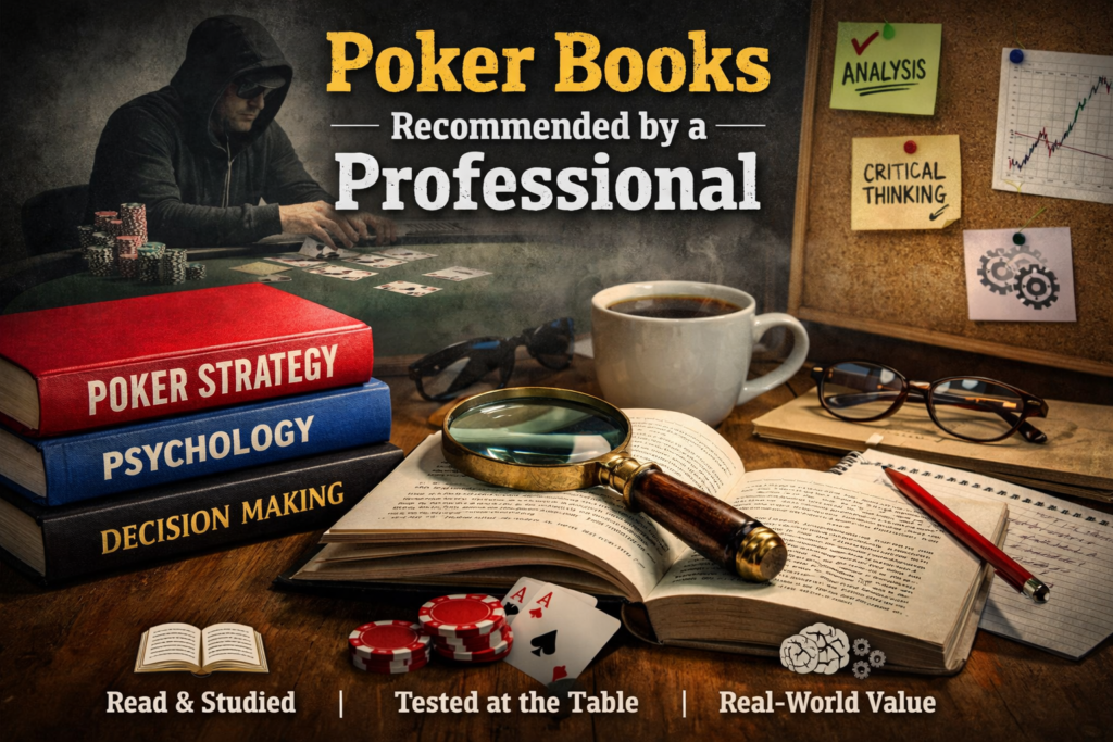 Poker books on strategy, psychology, and decision-making recommended by PokerRailbird, focused on disciplined thinking and real-world live poker performance.