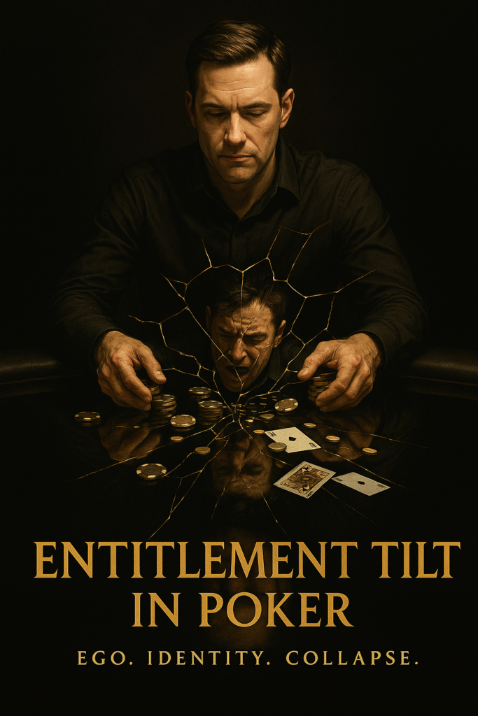 A poker player sits calmly at a table while his cracked reflection shows emotional collapse, scattered chips, and cards—symbolizing entitlement tilt in poker, ego breakdown, and mental unraveling.
