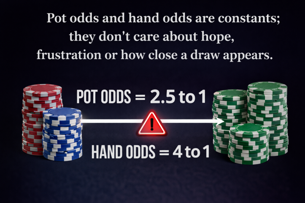Poker math graphic comparing pot odds and hand odds using poker chip stacks, showing that mathematical odds remain constant regardless of emotion, hope, or how close a draw appears.