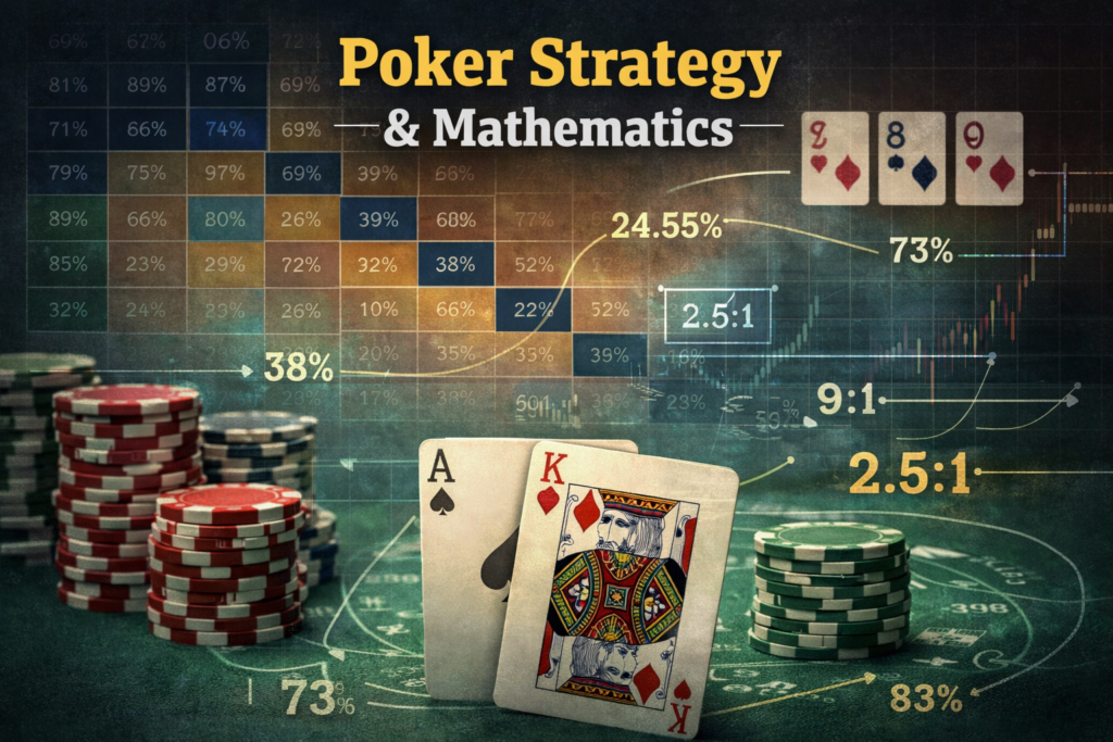 Poker strategy and mathematics concept showing Ace-King starting hand, poker chips, and probability charts illustrating pot odds, hand odds, and decision-making math in Texas Hold’em.