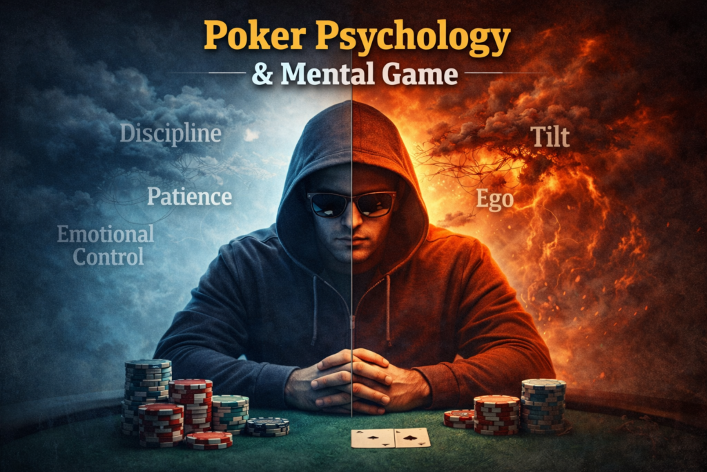 Illustration depicting poker psychology and mental game, showing a focused player contrasted between discipline and patience versus tilt and ego, highlighting emotional control, decision-making, and mindset in live poker strategy.