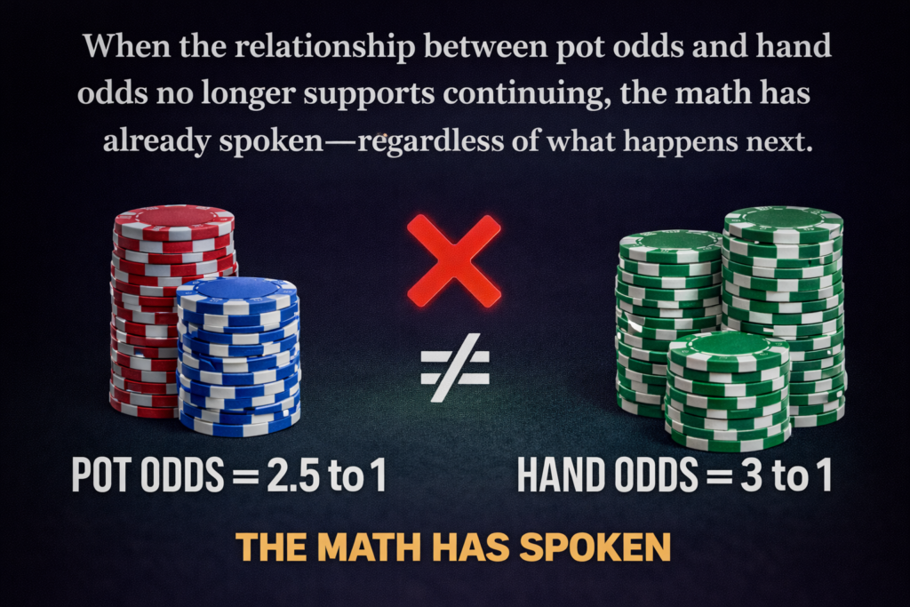 Poker math concept graphic comparing pot odds and hand odds, demonstrating when folding is the correct decision regardless of draw strength or future outcomes.