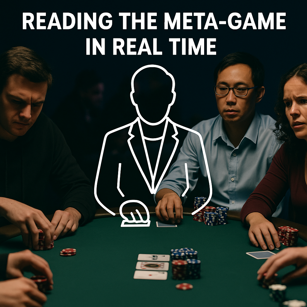 A poker table with several focused players seated around it, while a white outline of an observer figure hovers above the action, symbolizing the ability to read the meta-game in real time by noticing dynamics not visible in the cards or the board.
