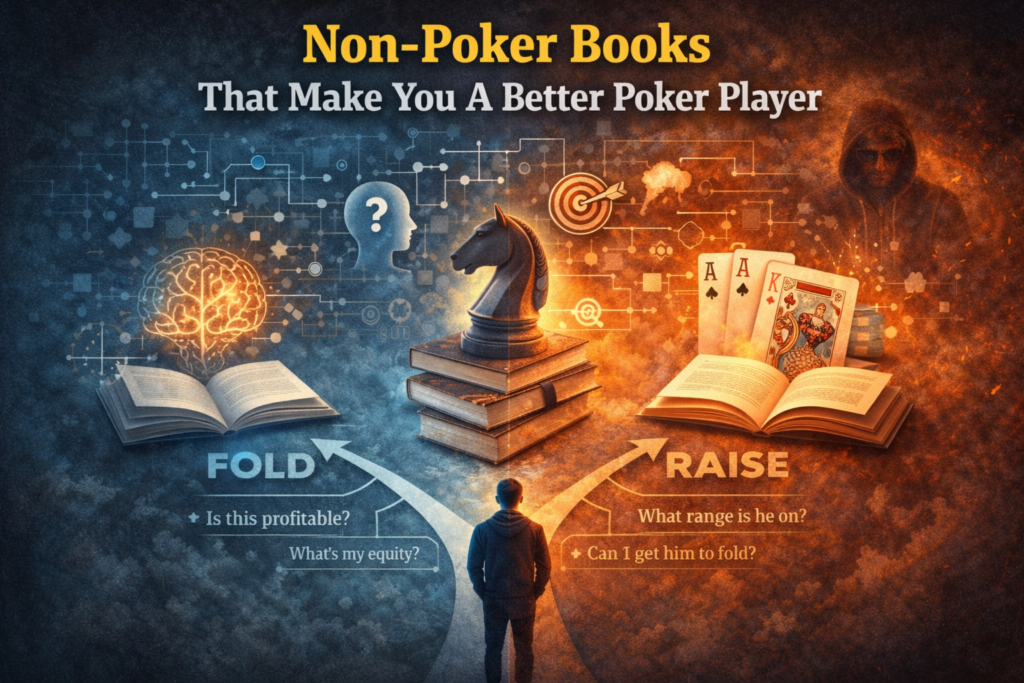Illustration showing non-poker books that improve poker decision-making, featuring books symbolizing psychology, strategy, logic, and critical thinking alongside poker imagery like cards and decision paths, representing skills that make players better at poker beyond card knowledge.