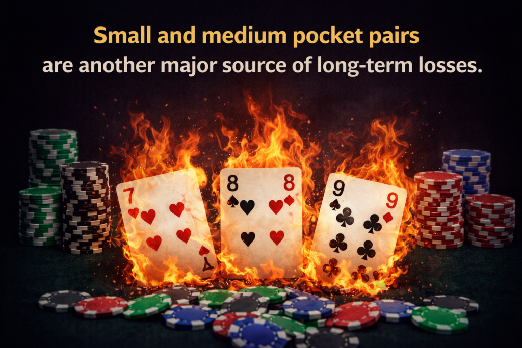 Illustration showing small and medium pocket pairs (sevens, eights, and nines) burning in flames beside poker chips, symbolizing how overplaying pocket pairs in multi-way pots leads to long-term poker losses and poor street-by-street math decisions.