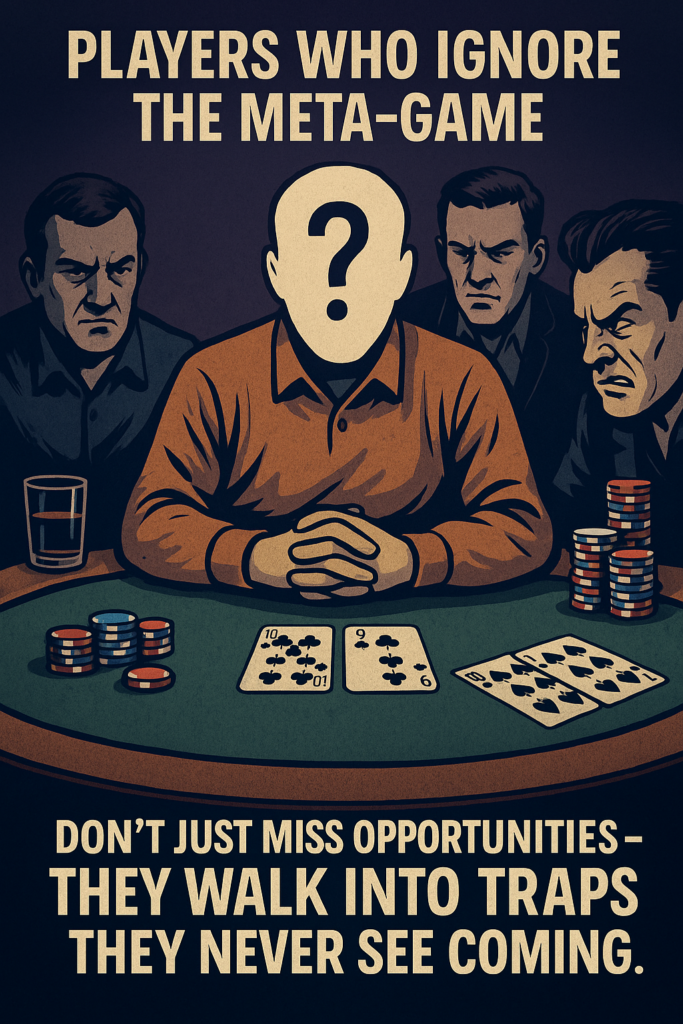 A stylized illustration of poker players at a table, focusing on a central player with a question mark for a face, symbolizing blindness to the meta-game. Other players watch intensely as cards and chips sit on the felt. Text reads: “Players who ignore the meta-game don’t just miss opportunities—they walk into traps they never see coming.”
