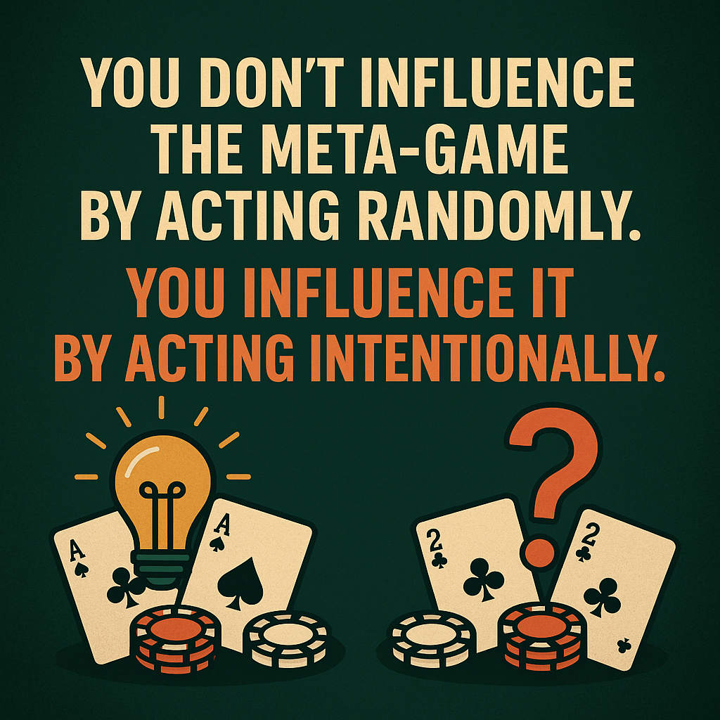 A poker-themed digital illustration showing two sets of playing cards and chips: one highlighted with a glowing lightbulb to represent intentional decision-making, and the other marked with a large question mark to symbolize randomness. Bold text reads: “You don’t influence the meta-game by acting randomly. You influence it by acting intentionally.”