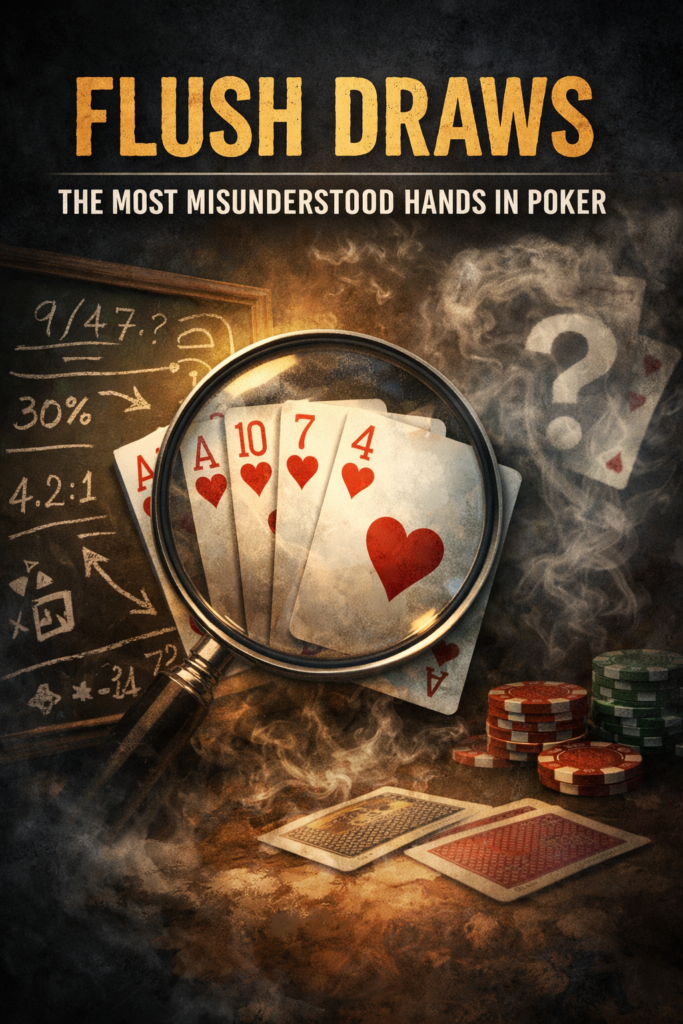 Illustration showing a poker flush draw under analysis, with heart-suit cards magnified beside poker chips and odds calculations, highlighting why flush draws are among the most misunderstood hands in poker and how players often misjudge their true mathematical value.