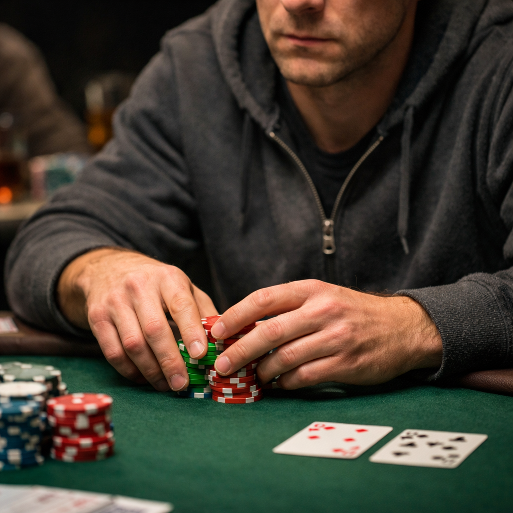 Poker player handling chips defensively while waiting for action at a live cash game table, illustrating defensive chip handling in poker as a waiting-for-action tell.