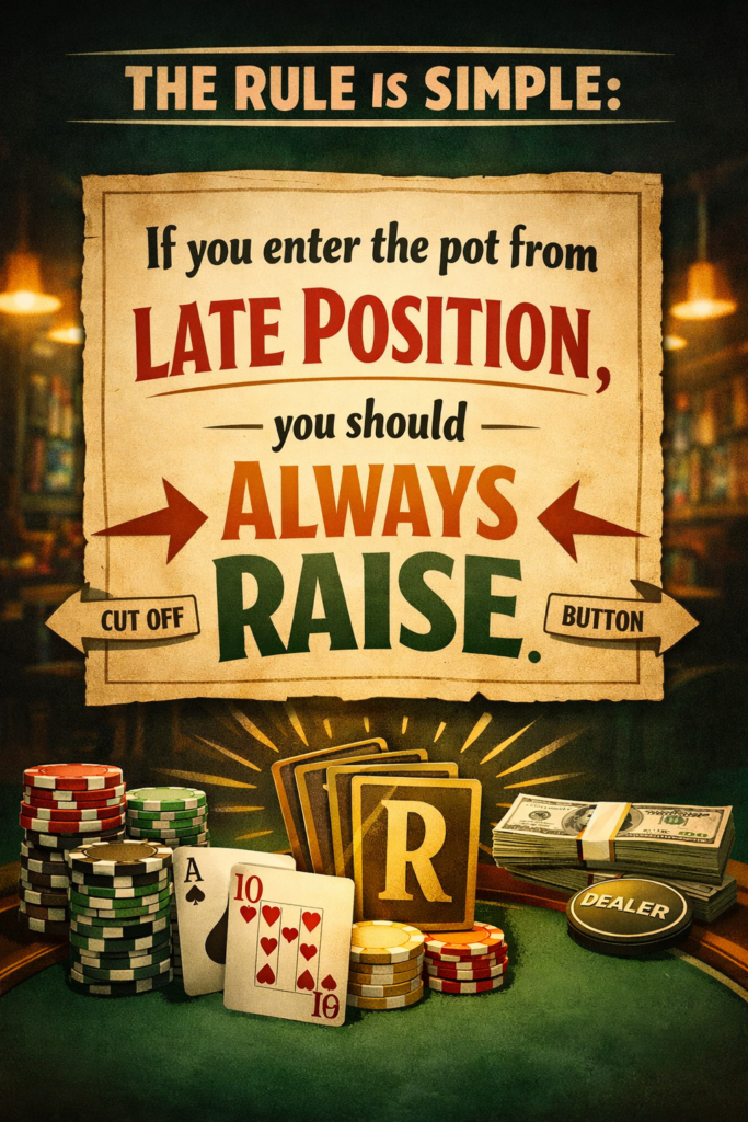 Poker illustration showing the “always raise” poker rule for late position, with chips, cards, and text emphasizing that entering the pot from late position means you should always raise in live cash games.