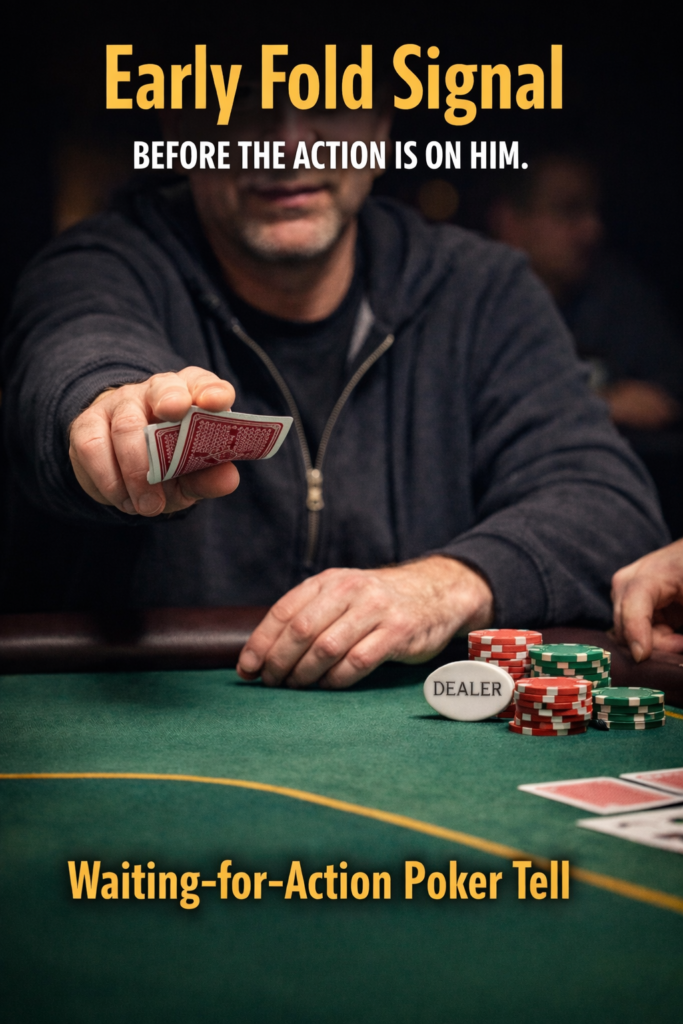 Live poker player extending his hole cards forward before action is on him, demonstrating an early fold signal and a waiting-for-action poker tell of weakness at a cash game table.
