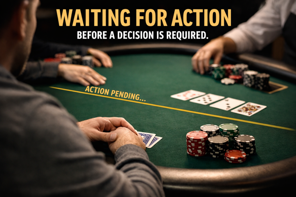 Live poker table scene showing a player waiting for action with cards in hand before a decision is required, illustrating a waiting-for-action poker tell in a cash game.