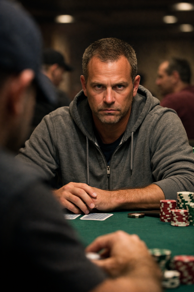 Poker player watching an opponent closely during a hand, illustrating the looking at you poker tell while waiting for action in a live cash game.