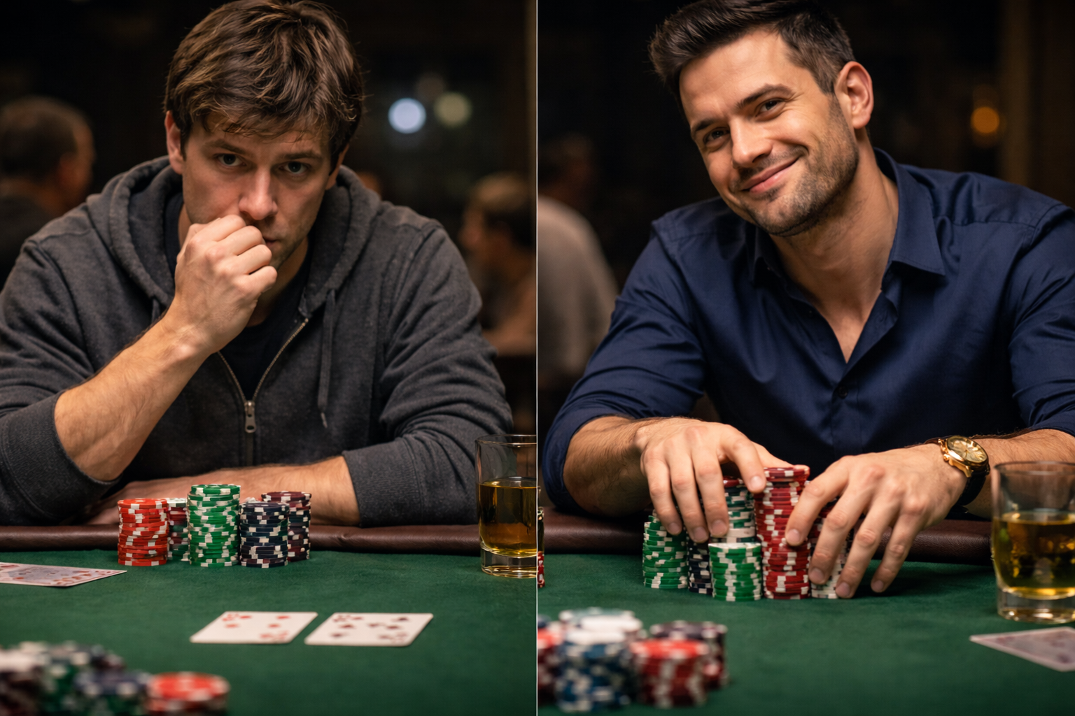 Two live poker players at a cash game table displaying contrasting body language, illustrating how poker tells are often misframed as nervousness or confidence rather than intent.