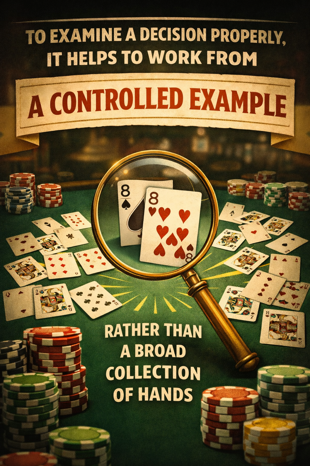 Poker illustration showing a magnifying glass focused on pocket eights as a controlled example, with other poker hands blurred in the background to represent analyzing a decision through a single hand rather than a broad collection of hands.