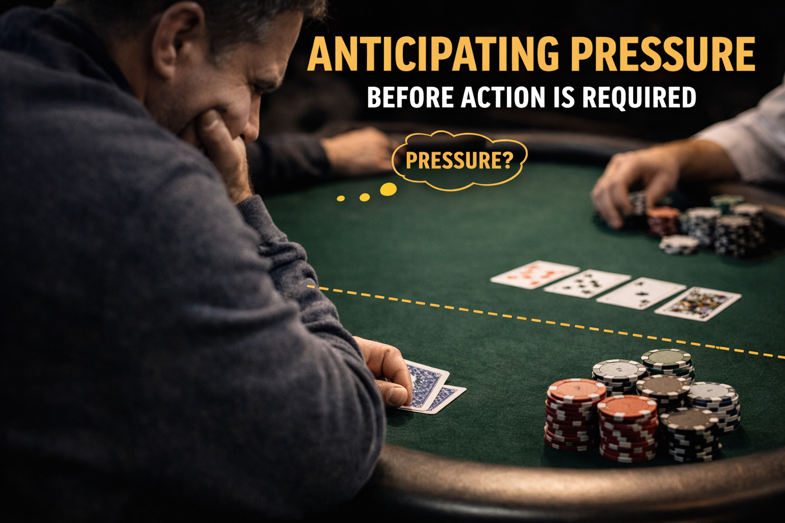 Live poker player holding cards and anticipating pressure before action reaches him, illustrating how weakness can surface during waiting-for-action poker tells in a cash game.