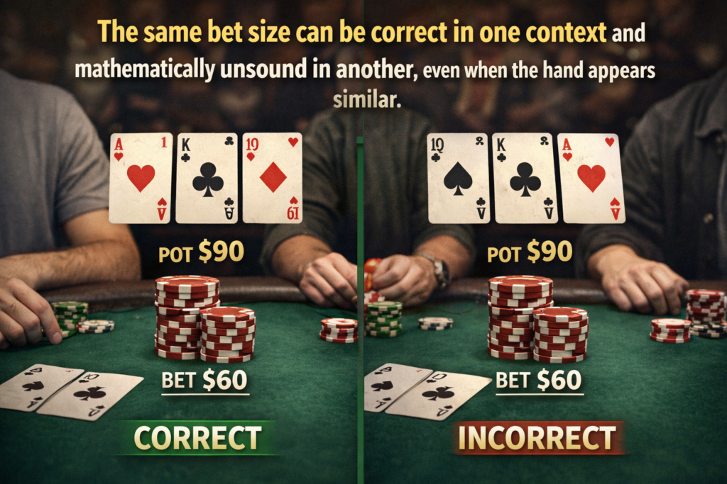 ide-by-side poker hand illustration showing the same post-flop bet size producing different results, demonstrating how bet sizing can be mathematically correct in one context and incorrect in another based on board texture and game conditions.