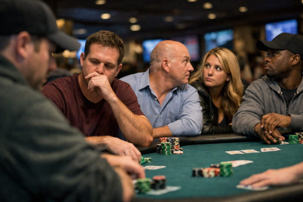 Poker players watching an opponent hesitate before acting, showing how a brief pause can draw attention and reveal waiting-for-action tells.