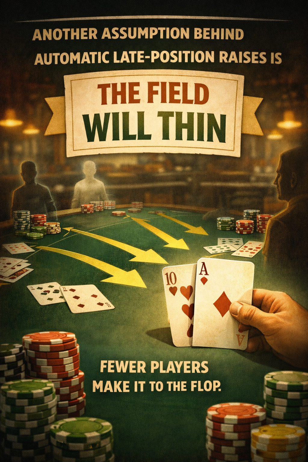 Poker illustration showing a late-position raise with arrows pointing forward and player silhouettes fading away, representing the assumption that the field will thin after automatic late-position raises in live poker.