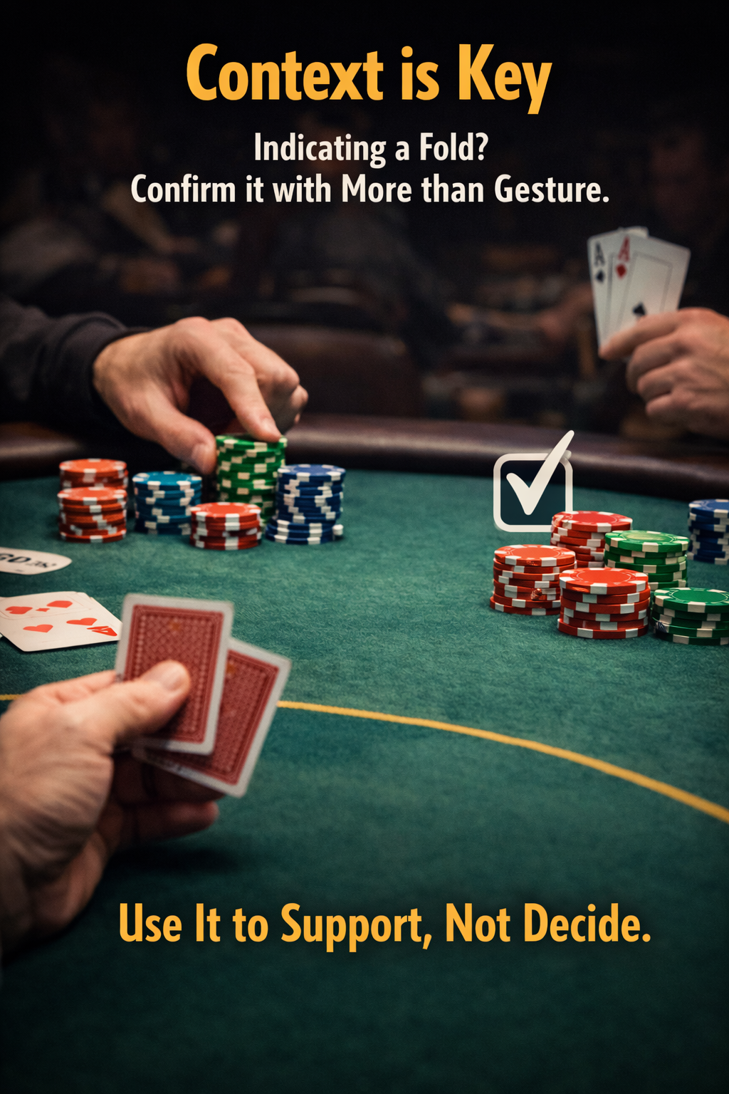 Live poker table scene showing a player indicating a fold while other players remain engaged, illustrating that fold indication serves as a confirming poker tell rather than a standalone decision signal.