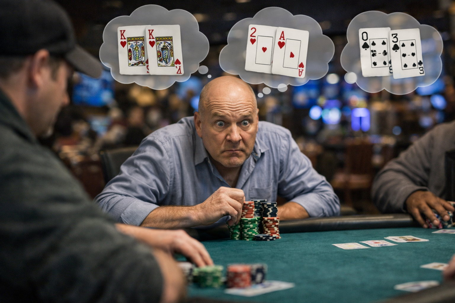 Poker player displaying intense focus and tension at a live poker table, illustrating how poker tells reveal emotional state rather than specific card strength.