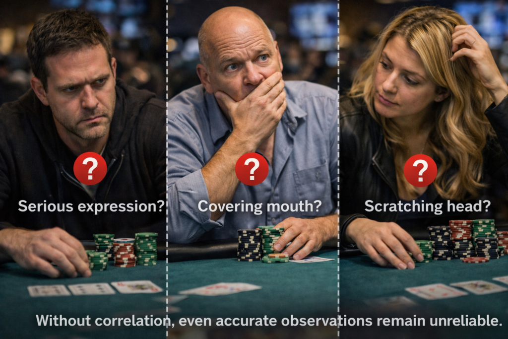 Poker players displaying different behaviors at a live table, illustrating that without correlation even accurate observations of poker tells can remain unreliable.