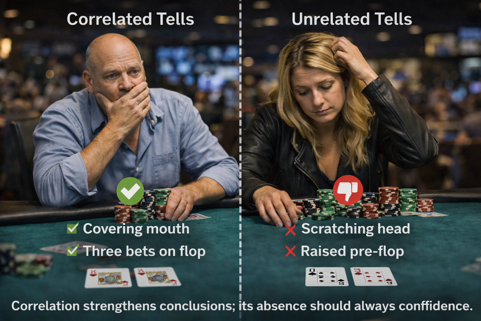 Split-screen poker image comparing correlated tells versus unrelated behaviors, illustrating that correlation strengthens conclusions while its absence should reduce confidence.