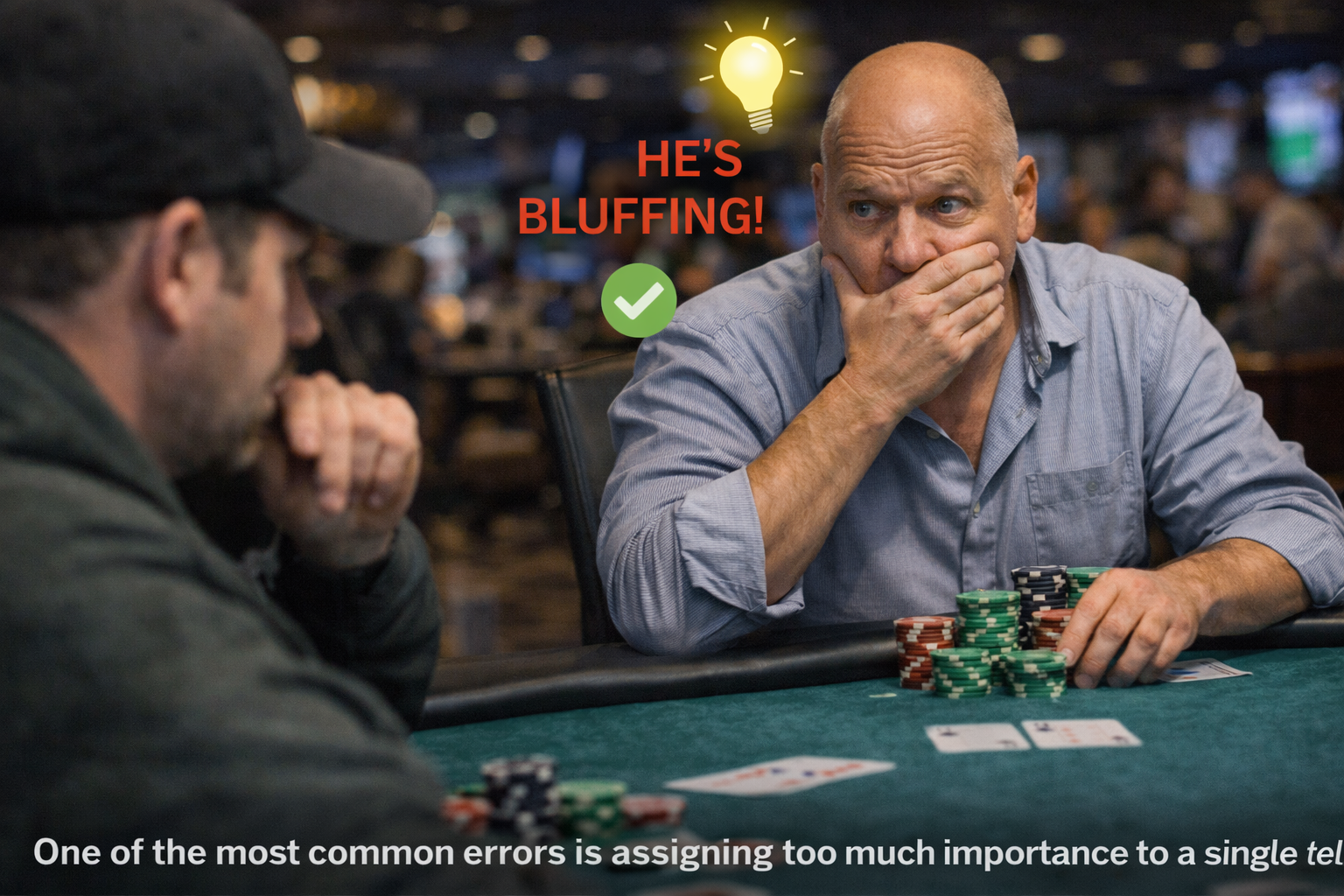 Poker player misreading an opponent’s behavior at a live cash game, illustrating the common mistake of assigning too much importance to a single poker tell.