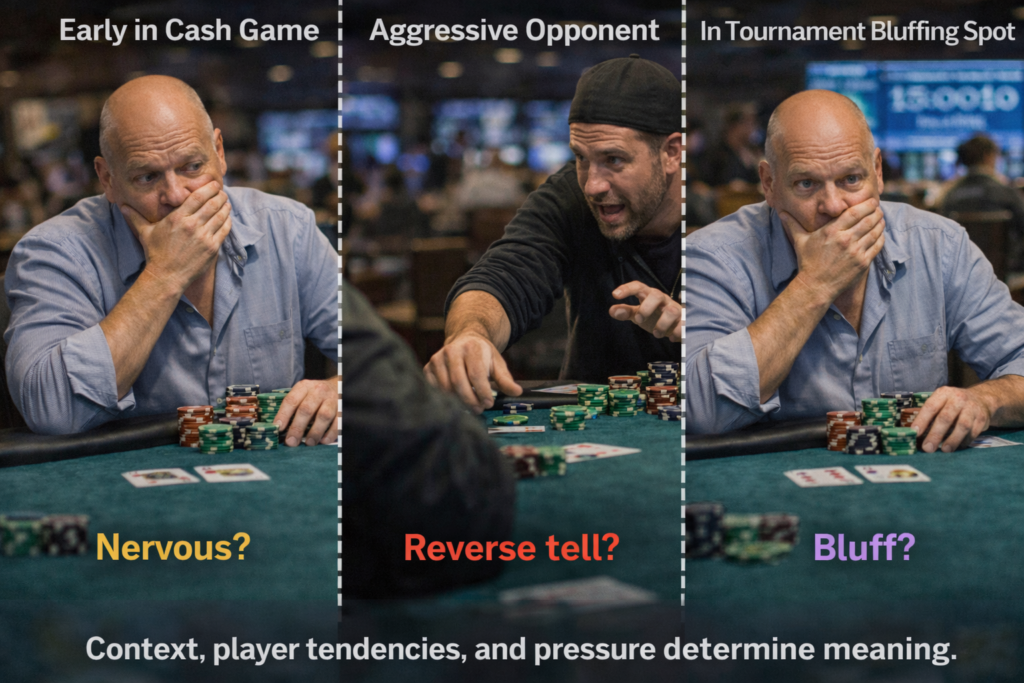 Triptych image of a poker player in different situations, illustrating how context, player tendencies, and pressure determine the meaning of poker tells.
