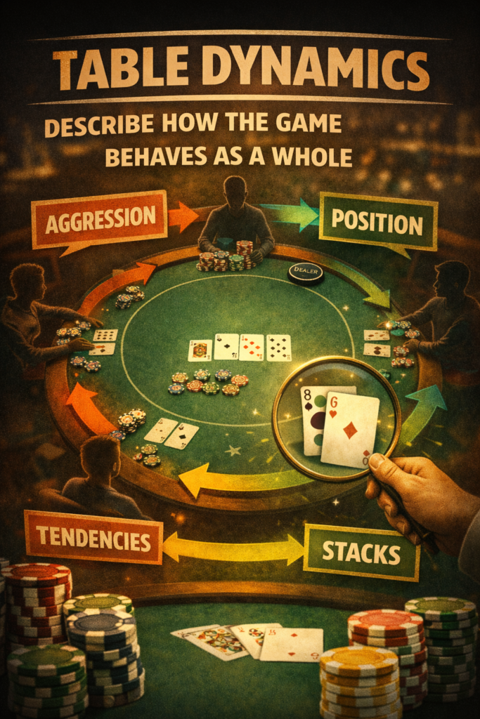 Poker table dynamics illustration showing multiple players, chip stacks, position, aggression, tendencies, and stack sizes interacting around a single table, representing how the game behaves as a whole in live poker.