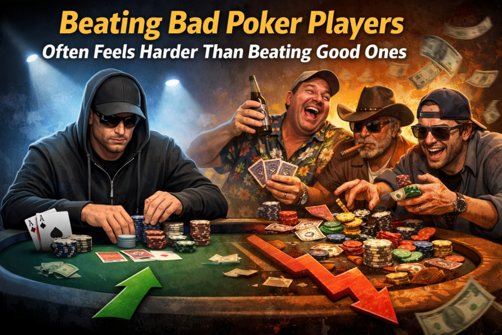 Beating bad poker players illustrated by a disciplined professional facing chaotic, unpredictable opponents in a live cash game environment.