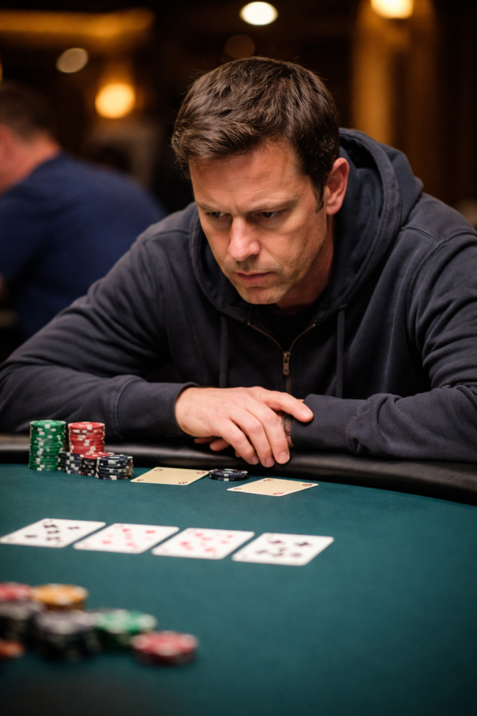 Live poker cash game image showing a player staring at board cards after the flop, illustrating the staring at board cards tell commonly associated with weakness while waiting for action.