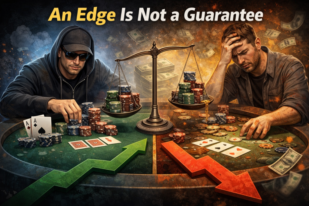 Beating bad poker players illustrated by a skilled player holding an edge while unpredictable outcomes show that an advantage is not a guaranteed result.