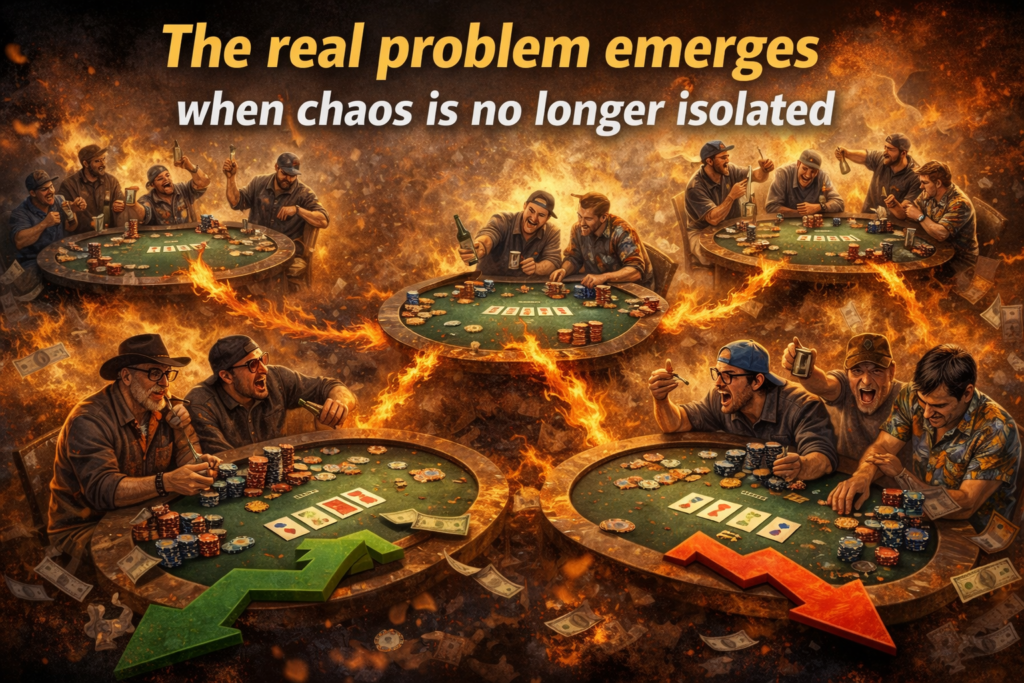 Beating bad poker players illustrated by multiple chaotic poker tables showing how disorder spreads when unpredictable play is no longer isolated.