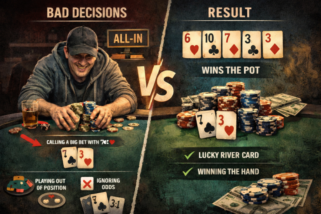 nfographic illustrating beating bad poker players, showing a loose player winning with 7-3 making two pair on a five-card board despite poor decisions like ignoring position and pot odds.