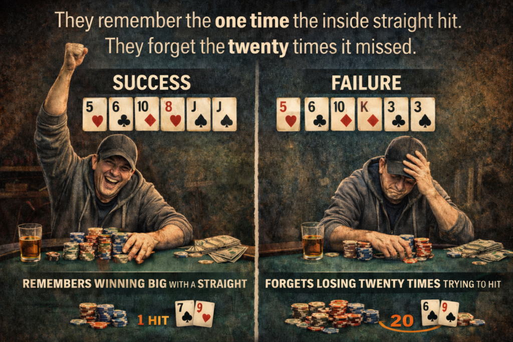 Infographic for beating bad poker players showing selective memory bias, where a player remembers one inside straight hitting but ignores twenty missed gutshot draws in live poker.
