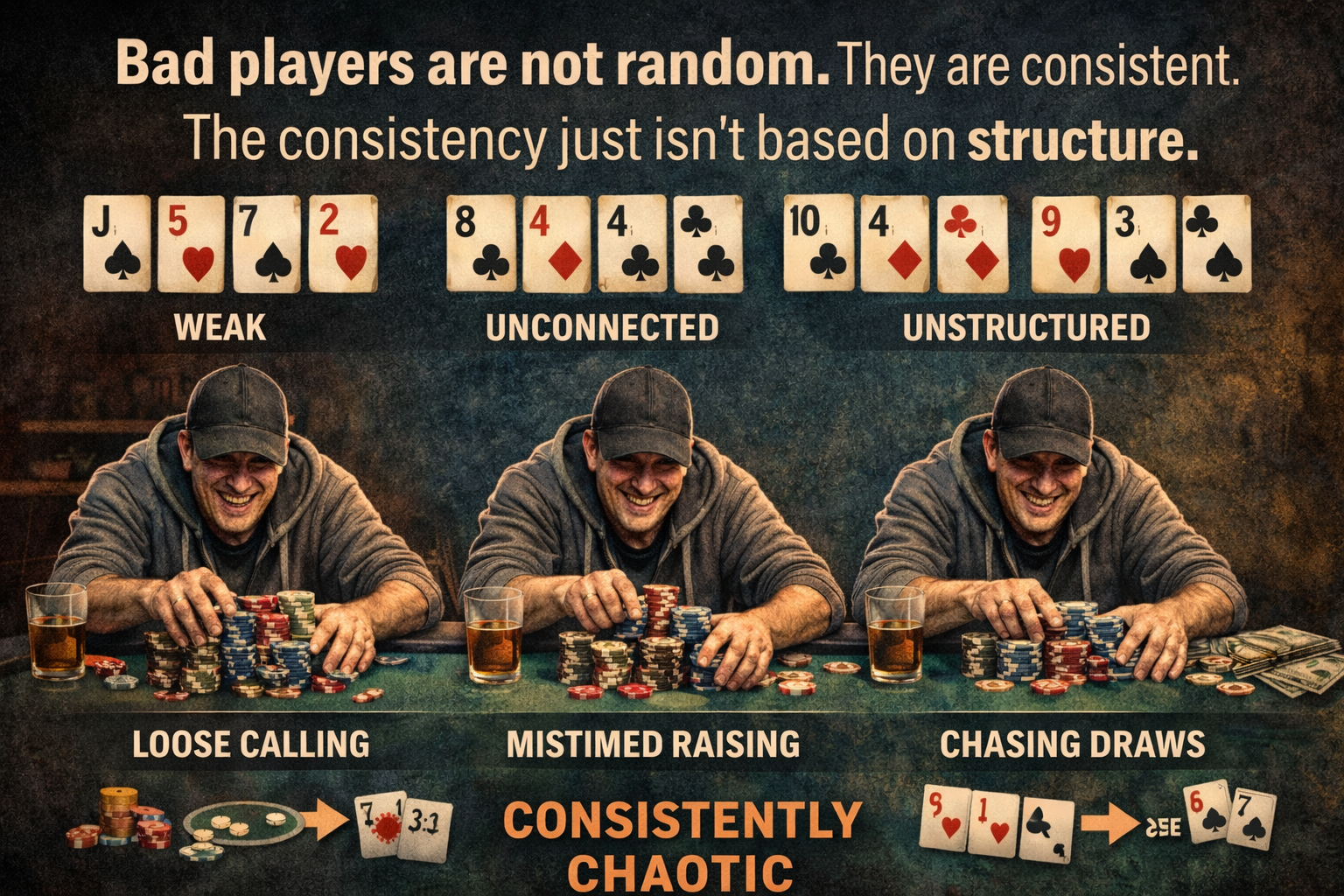 Infographic for Beating Bad Poker Players showing consistent but unstructured behavior like loose calling, mistimed raising, and chasing draws in live cash games.