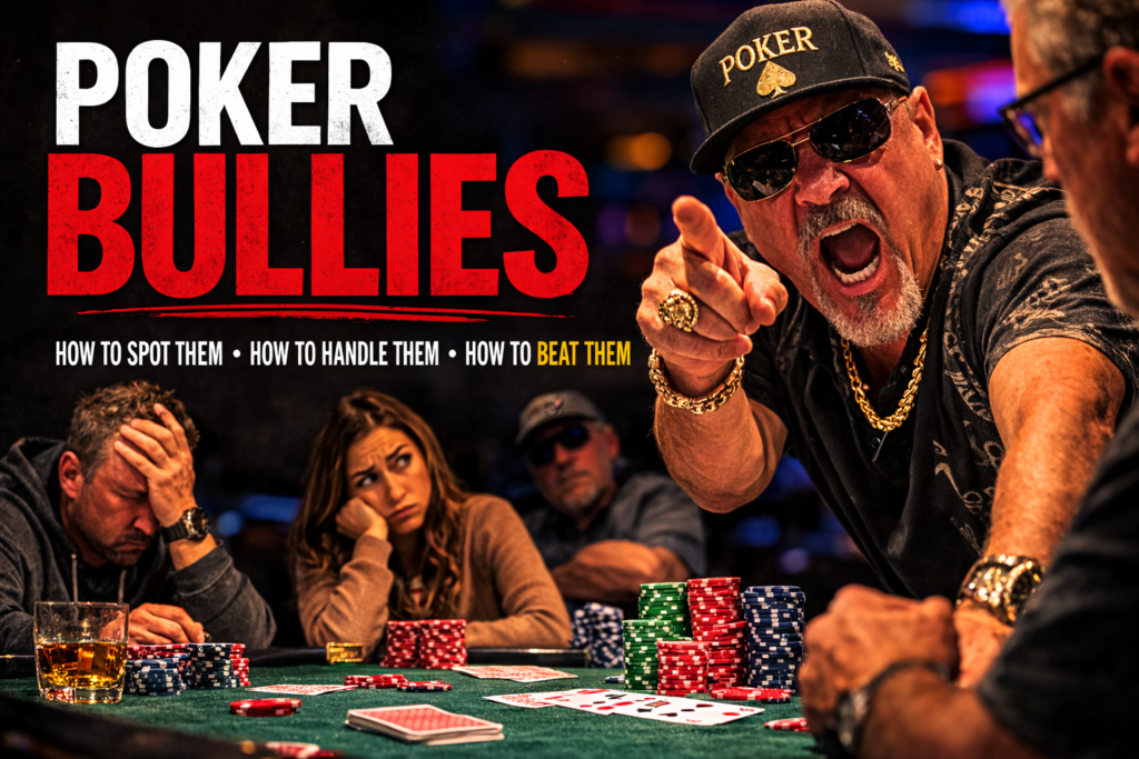 Poker bullies dominating a casino poker table with loud aggression while disciplined players remain calm and patient, illustrating how to recognize and beat poker bullies in live poker games.