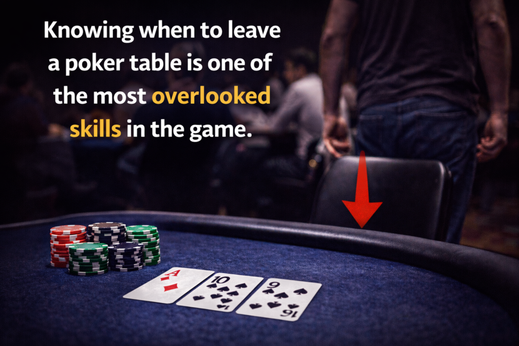 Poker player standing up from a poker table with chips and cards visible, illustrating when to leave a poker table as part of disciplined poker strategy.”