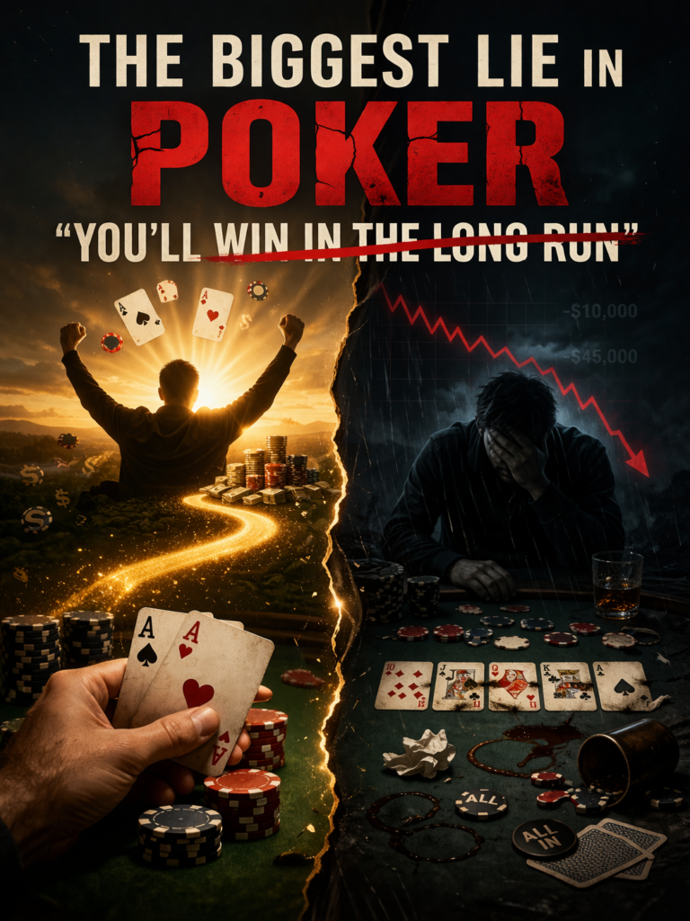 Poker variance illustration showing a frustrated poker player with losing chips and cards, highlighting the myth of “you’ll win in the long run” and the gap between expected value and real results