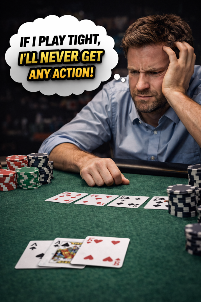 Player at a poker table looking concerned while holding a strong hand, illustrating the common fear that playing tight in poker will result in getting no action from opponents.