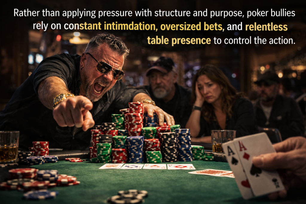 Poker bullies using intimidation and oversized bets to dominate a casino poker table while other players react with frustration and caution.