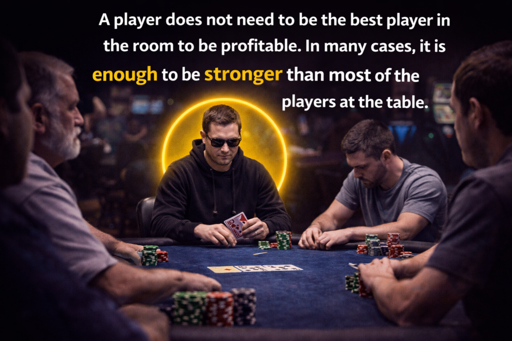 Poker player calmly evaluating opponents at a full table, illustrating the strategic decision of when to leave the poker table based on table dynamics and skill advantage.”