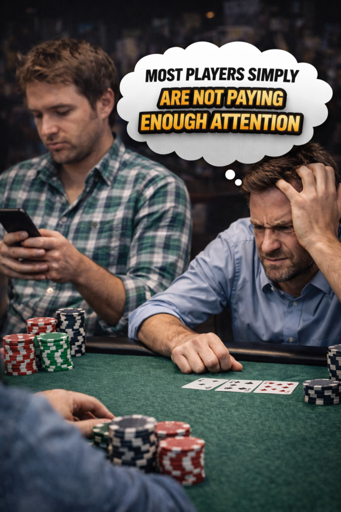Distracted poker players at a live table, one looking at his phone while another studies the board, illustrating how opponents often fail to notice disciplined players who are playing tight in poker.